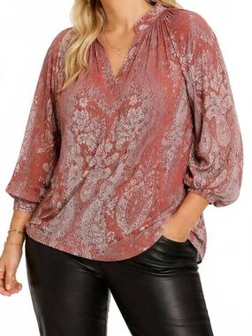 Umgee Dusty Rose Paisley V-Neck Balloon Sleeve Blouse Silver velvet paisley